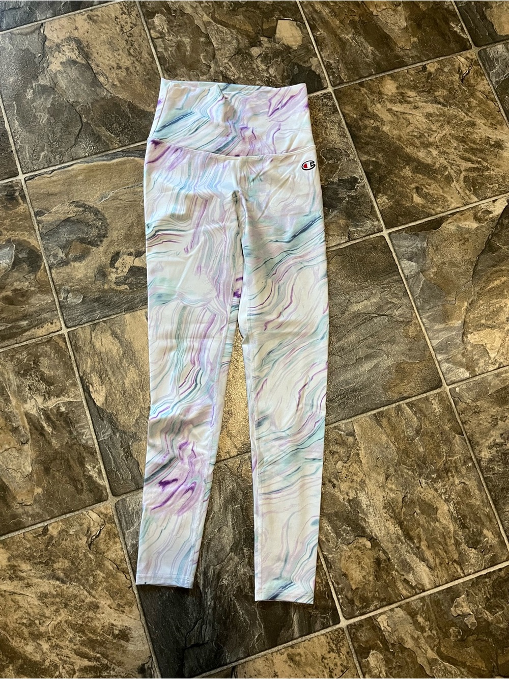 Champion Pastel Marble Print Leggings - White with Purple & Blue Accents